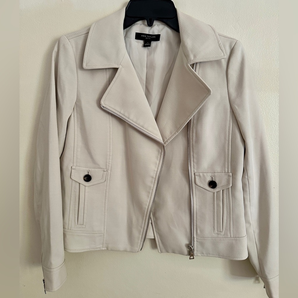 Ann Taylor Petite double knit moto jacket.
